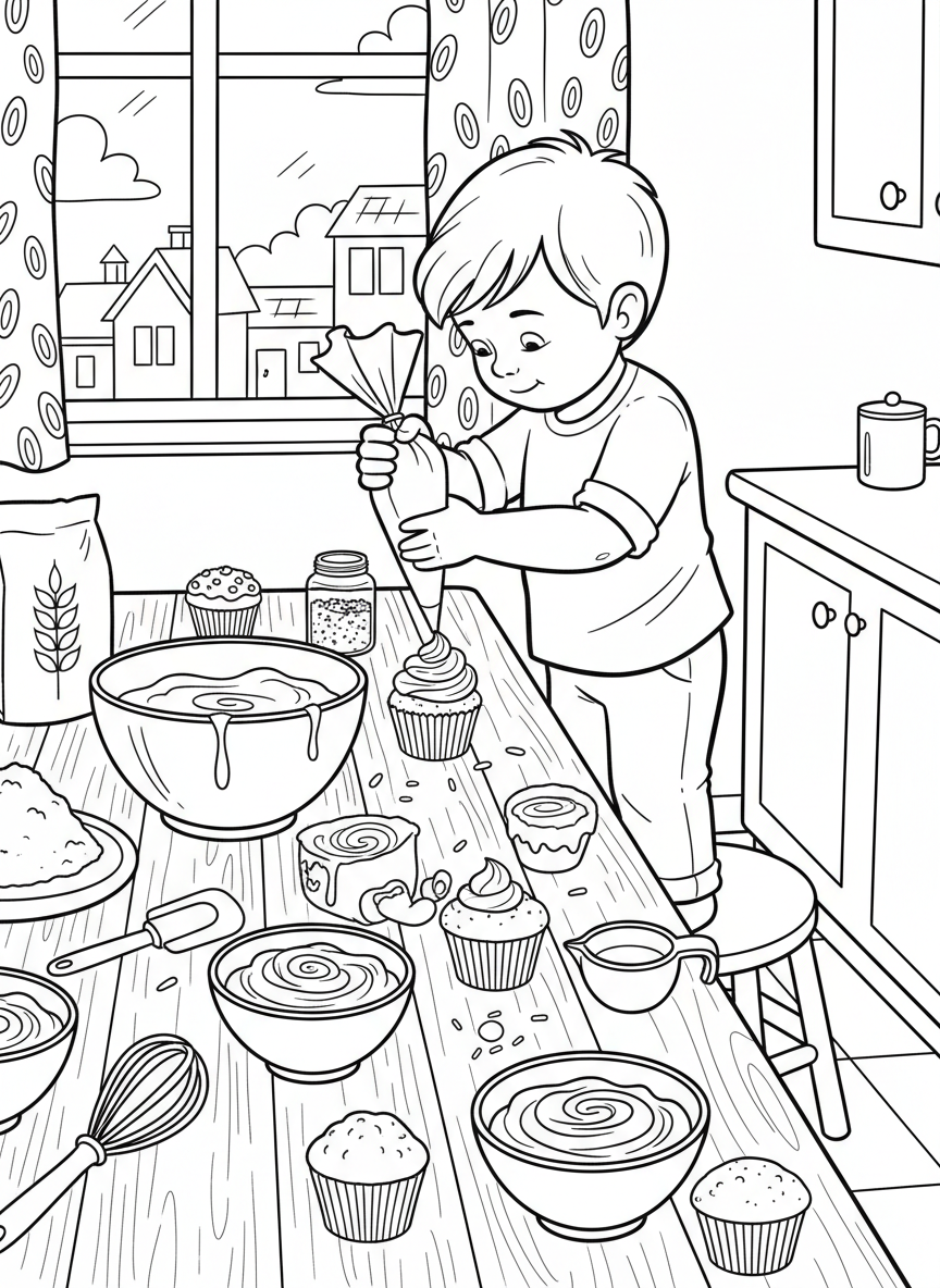 A child decorating cupcakes with frosting and sprinkles while mixing bowls and baking tools cover the kitchen table.