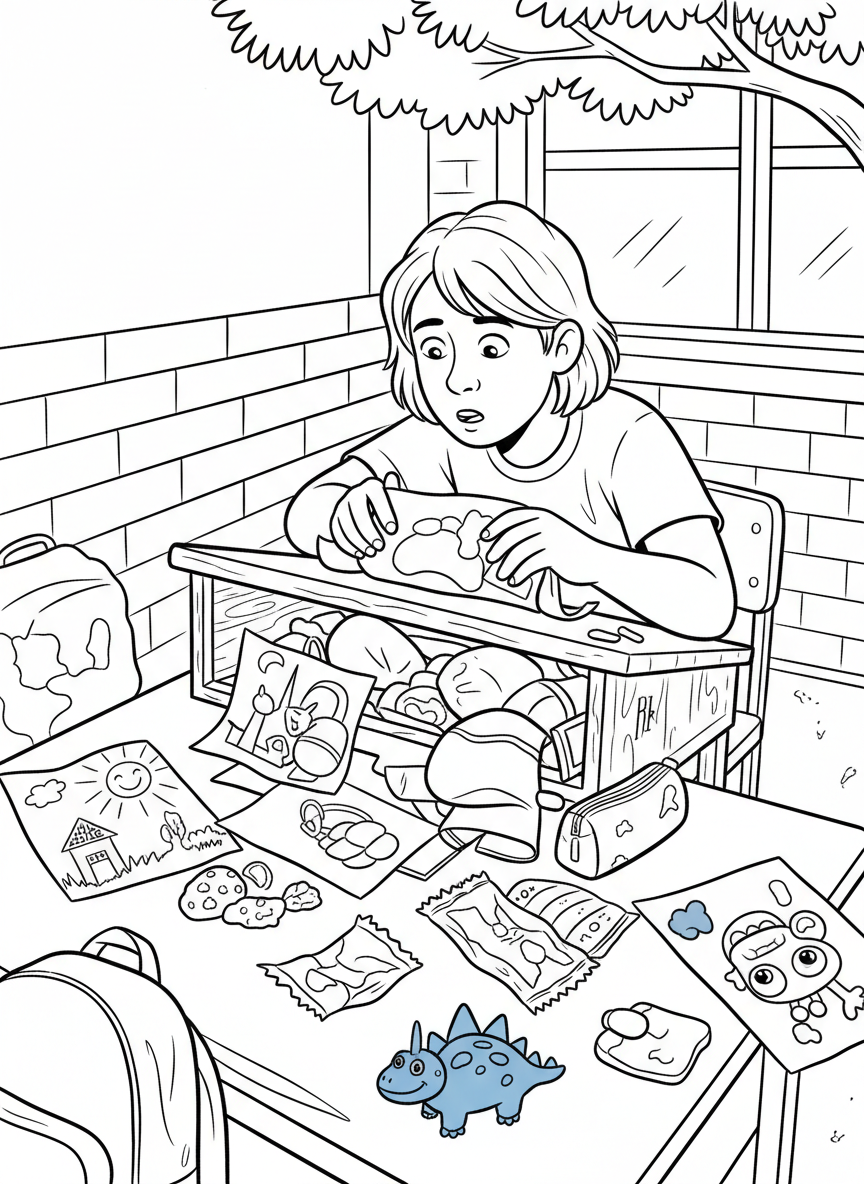 A student cleaning out their desk, finding old drawings and projects, memories scattered on the desktop