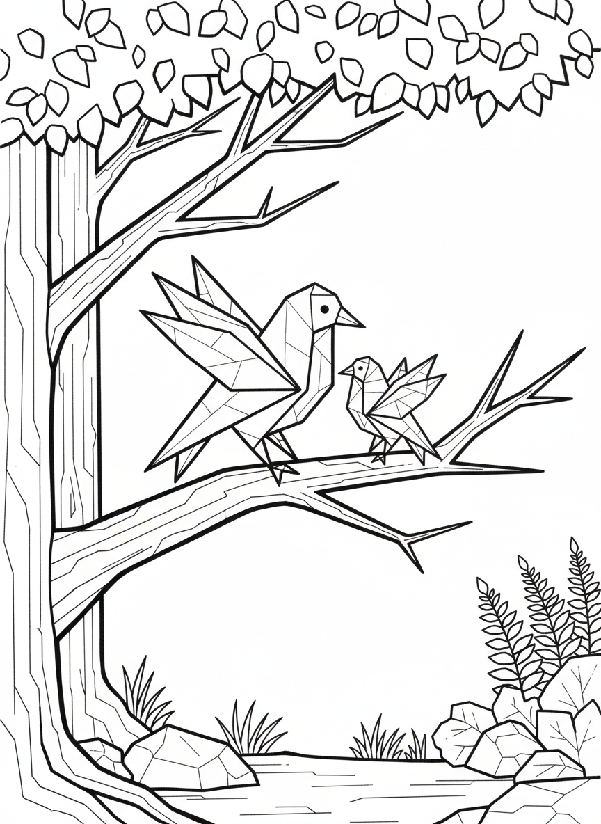 Two origami birds on tree branches, one larger parent and one smaller baby, showing geometric wing folds and simple forest background.