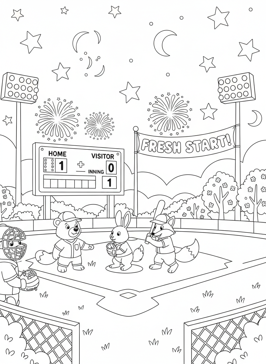 Baseball Opening Day coloring page prompts celebrating fresh starts, spring optimism, and the return of the game.	A scoreboard lighting up with the first runs of the season.