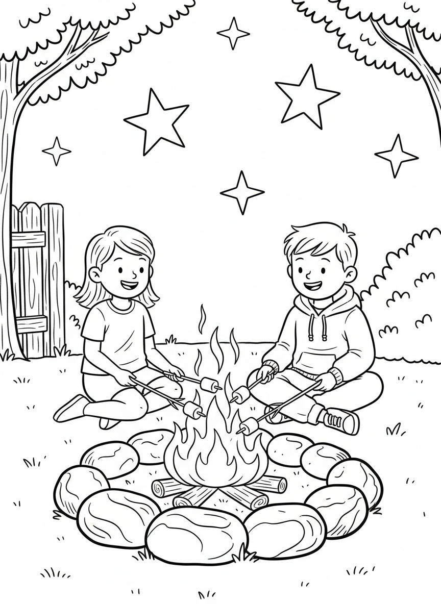 Two kids roasting marshmallows on sticks over a safe backyard campfire ring with stones around it and stars twinkling above.