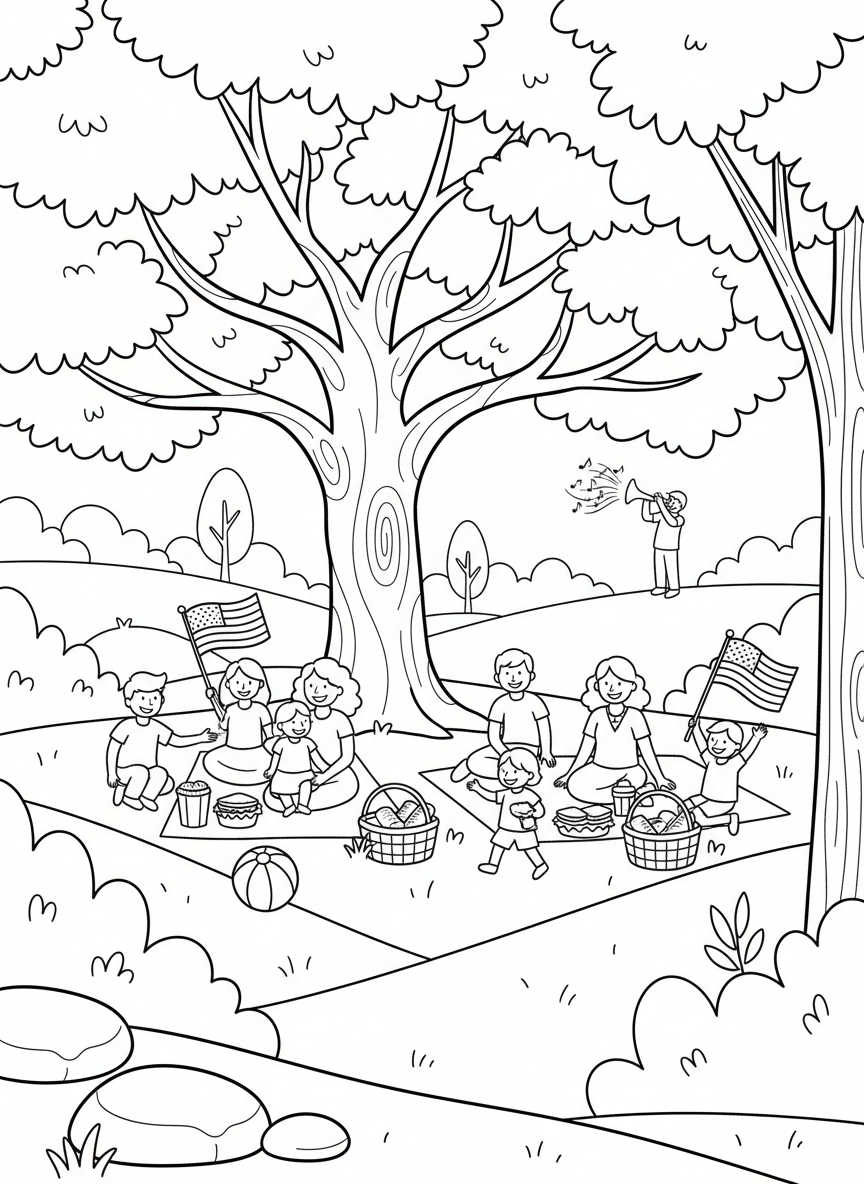 Memorial Day coloring page prompts honoring remembrance, reflection, community gatherings.	A quiet park scene with families seated under trees, picnic baskets nearby as a distant bugle call drifts through the warm afternoon air.