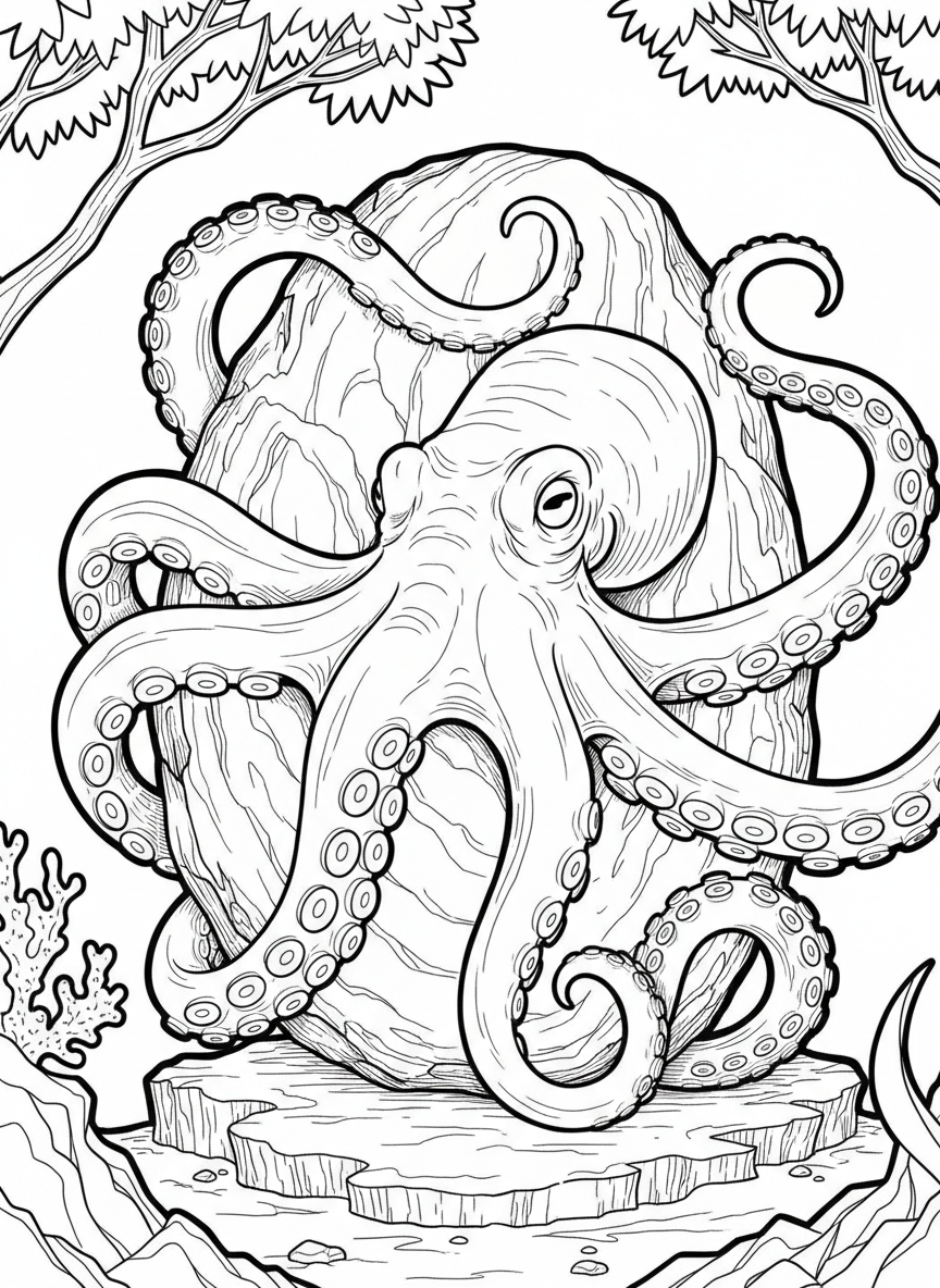 A large oval rock featuring a detailed octopus wrapping its tentacles around the sides, with suction cups and flowing arms