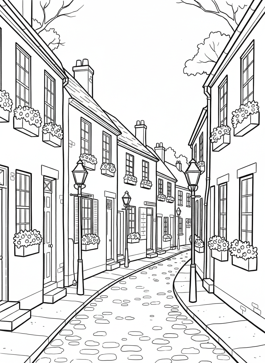 Elfreth's Alley showing a narrow cobblestone street lined with small colonial houses, window boxes with flowers, and old-fashioned street lamps.