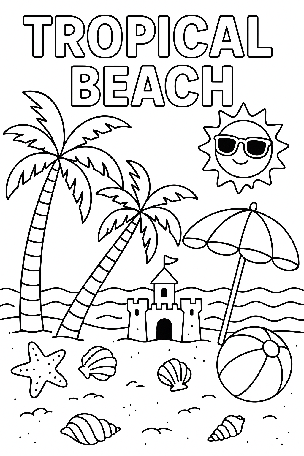 Tropical beach coloring page: palm trees, sandcastle, beach umbrella, seashells, starfish, ocean waves, sun with sunglasses, beach ball, thick outlines, paradise vacation scene