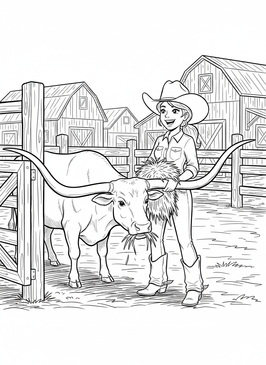 A cheerful cowgirl feeding a longhorn steer at the stockyards, with wooden fences and barn buildings behind them