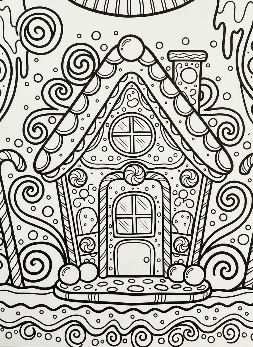 A holiday sweater featuring a big gingerbread house in the center with candy decorations, surrounded by swirly icing patterns.