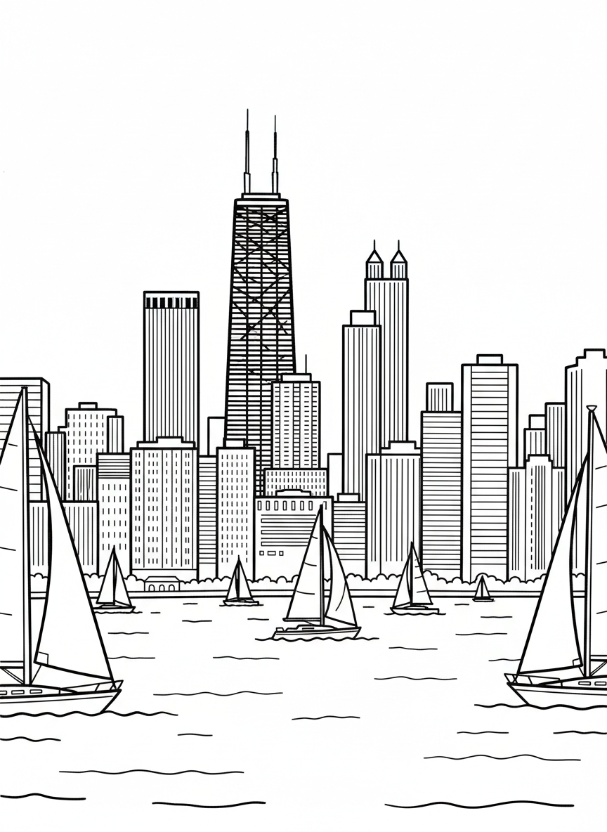 Chicago skyline silhouette view from Lake Michigan with sailboats in the foreground, simple building outlines of varying heights