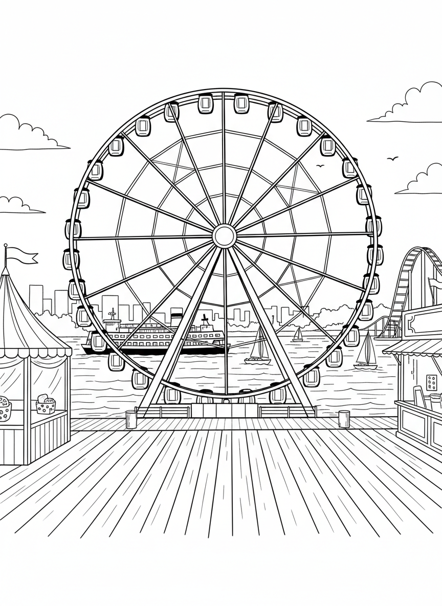 The Seattle Great Wheel ferris wheel on the pier with boats in the harbor, fun carnival atmosphere line drawing.