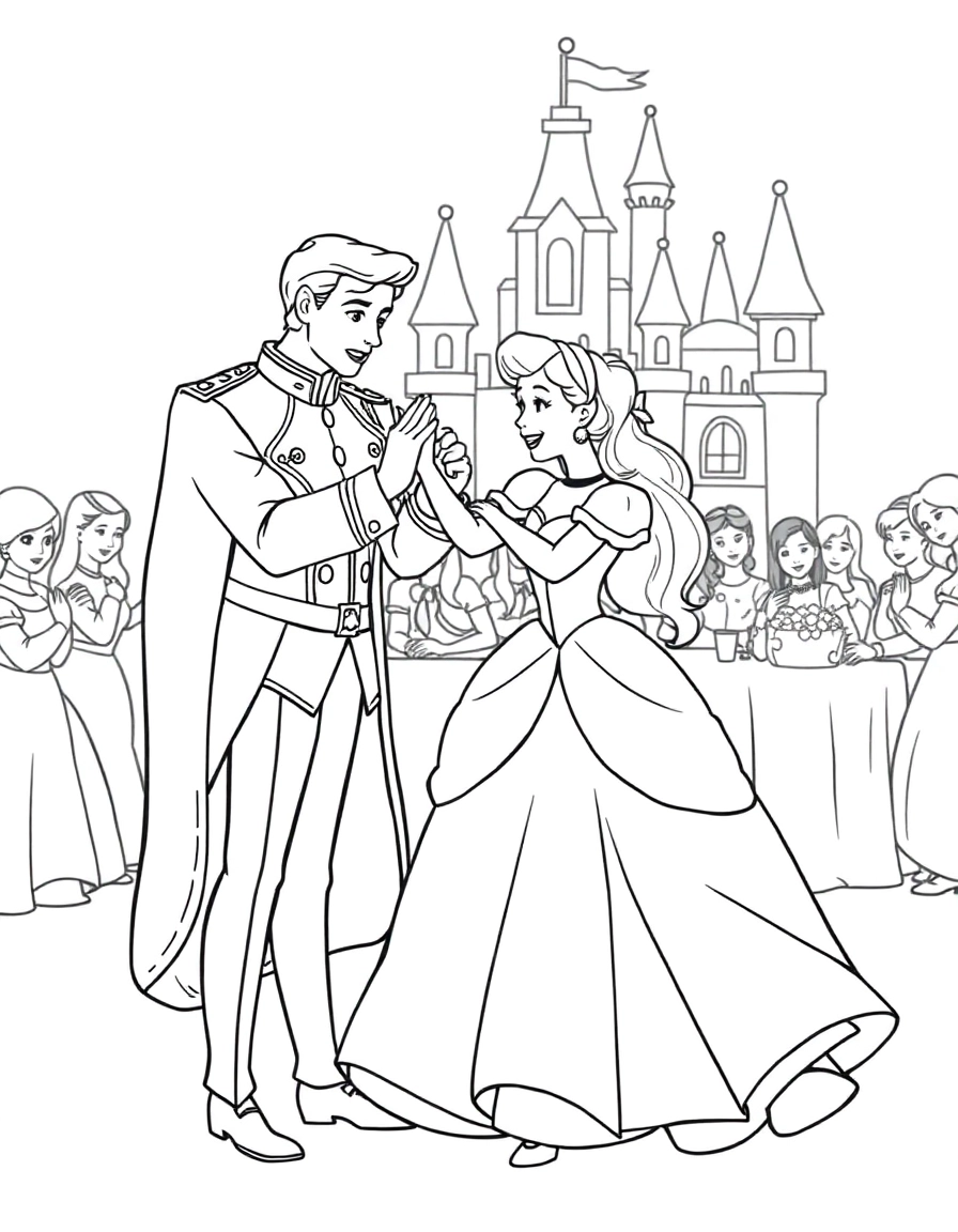 A joyful Cinderella dancing with a kind prince at a grand ball, with a simple castle in the background.