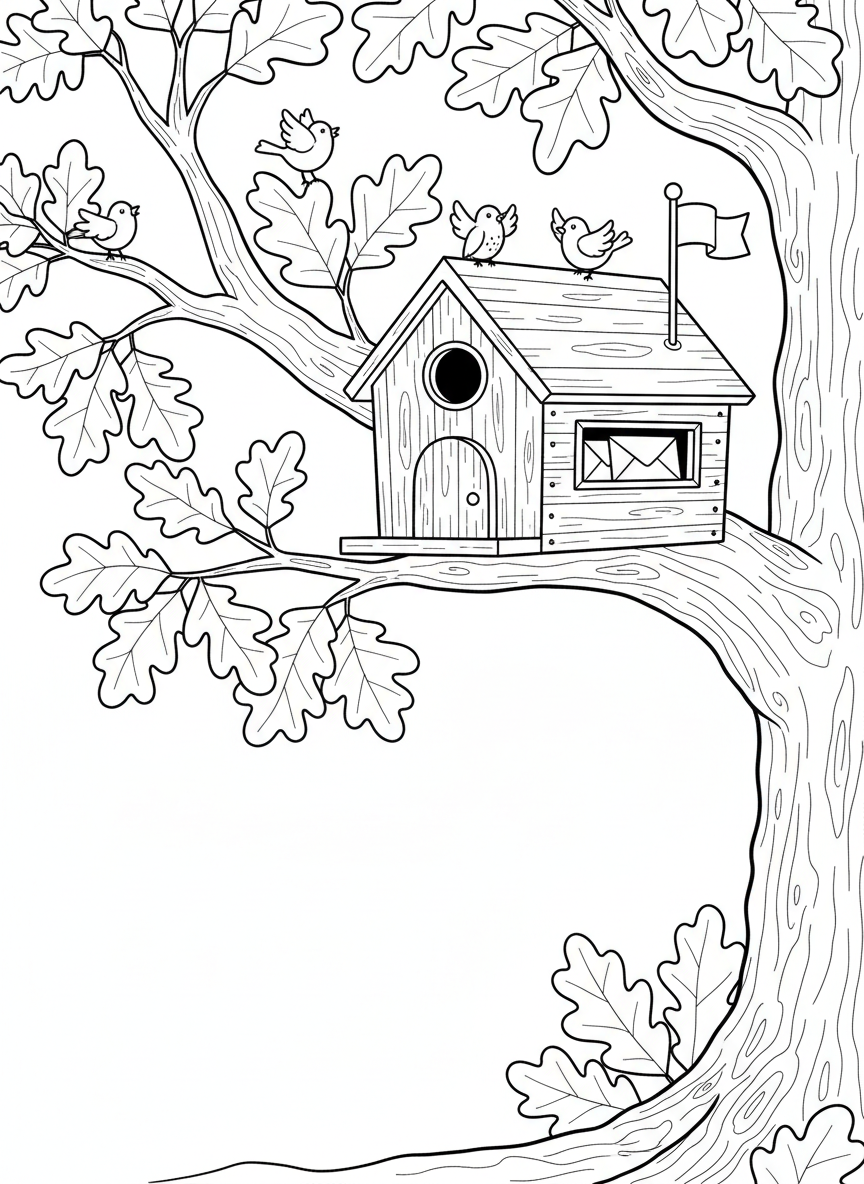 A wooden treehouse mailbox attached to a thick oak tree branch, with a small flag raised and envelopes peeking out, surrounded by leaves and birds.