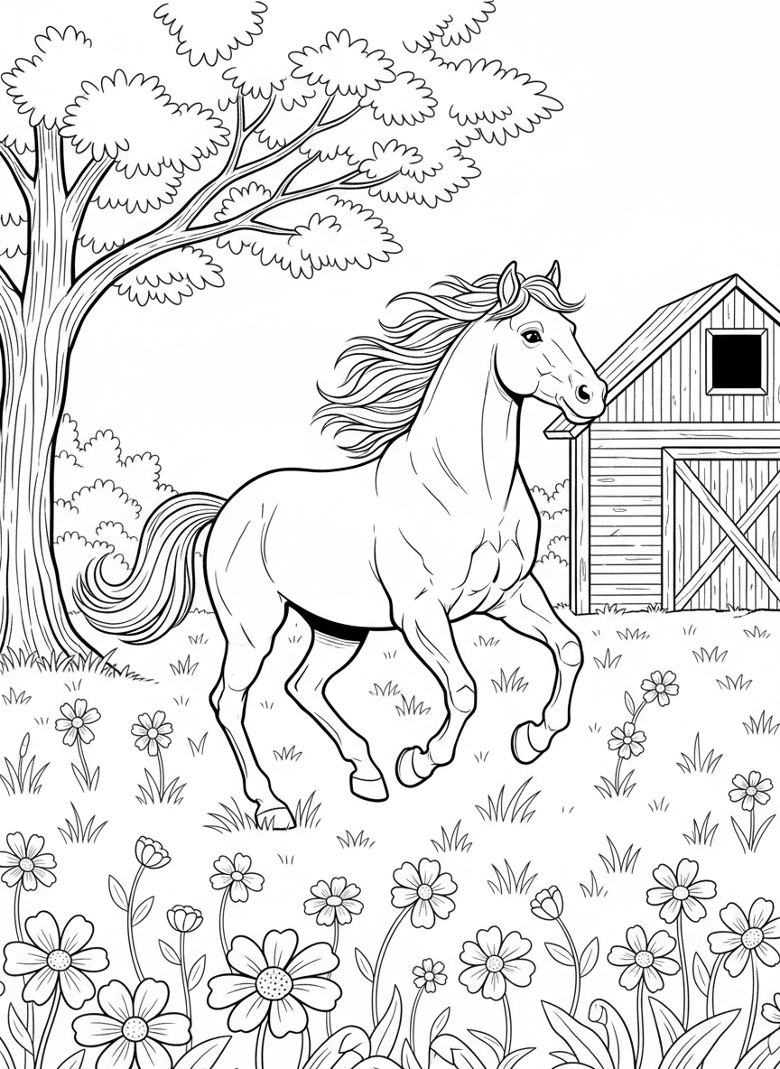 A happy horse galloping through an open field with wildflowers and a wooden stable nearby.