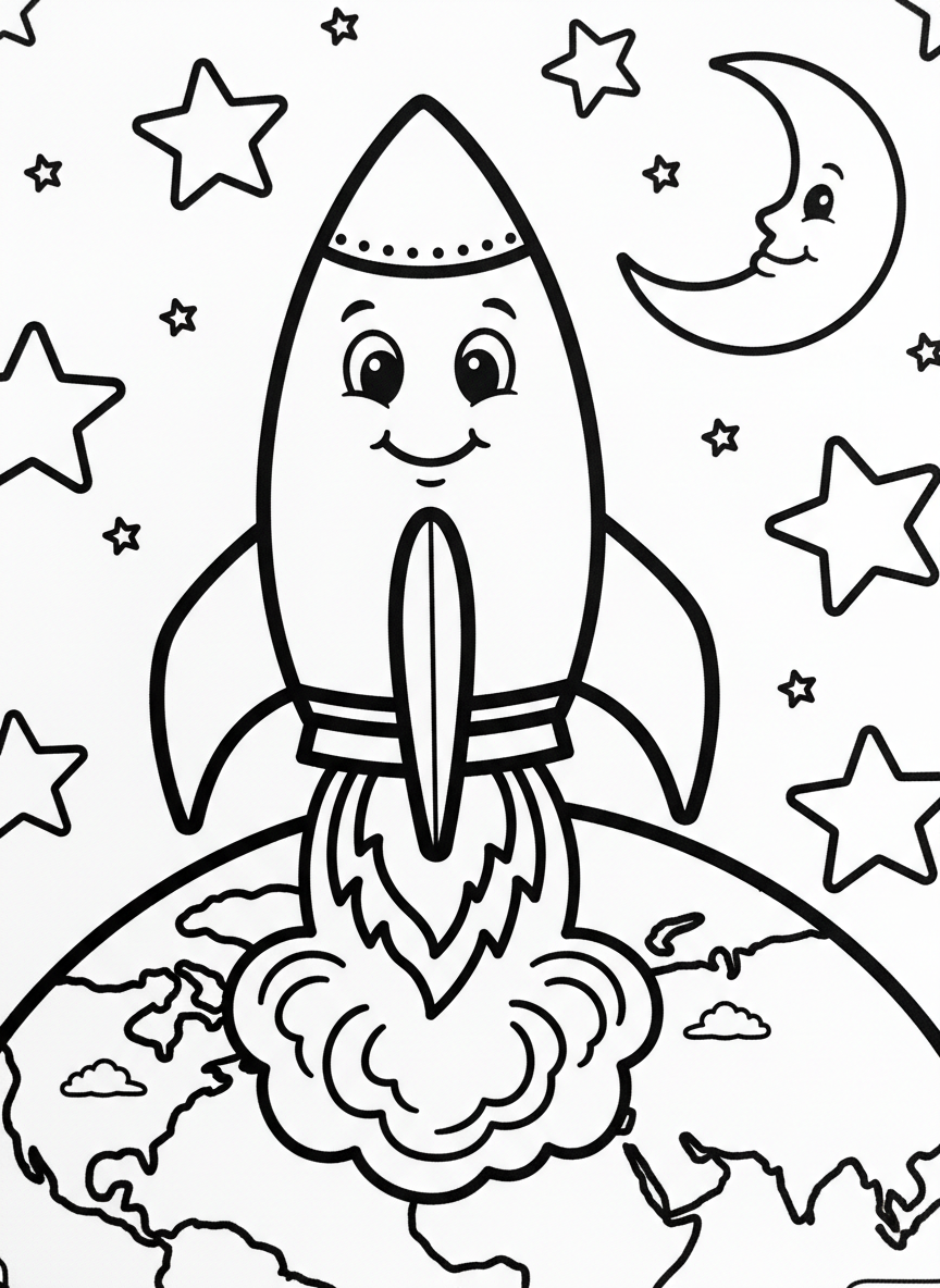 A smiling cartoon rocket ship blasting off from Earth with flames coming from its boosters, stars and moon in the background, simple line art for young children