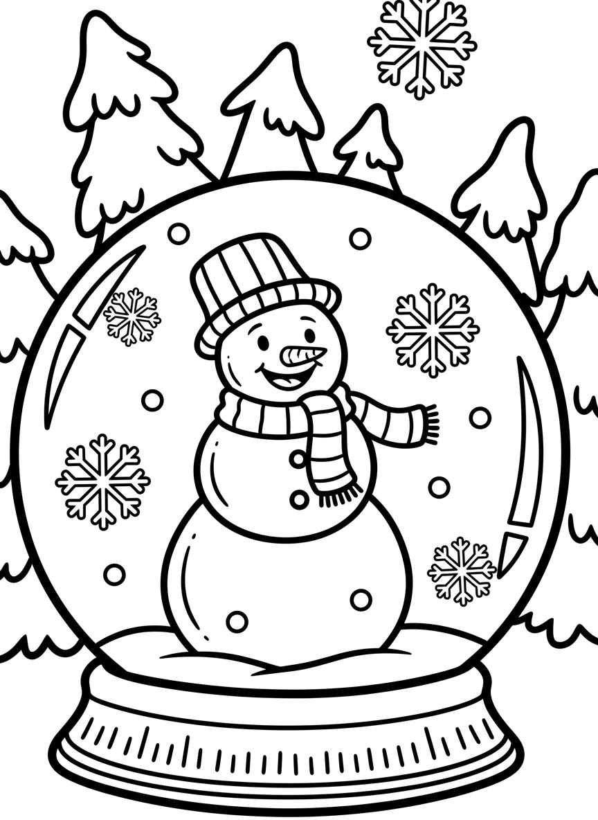 A simple snow globe with a cheerful snowman wearing a top hat and scarf inside, surrounded by large snowflakes, sitting on a round base.