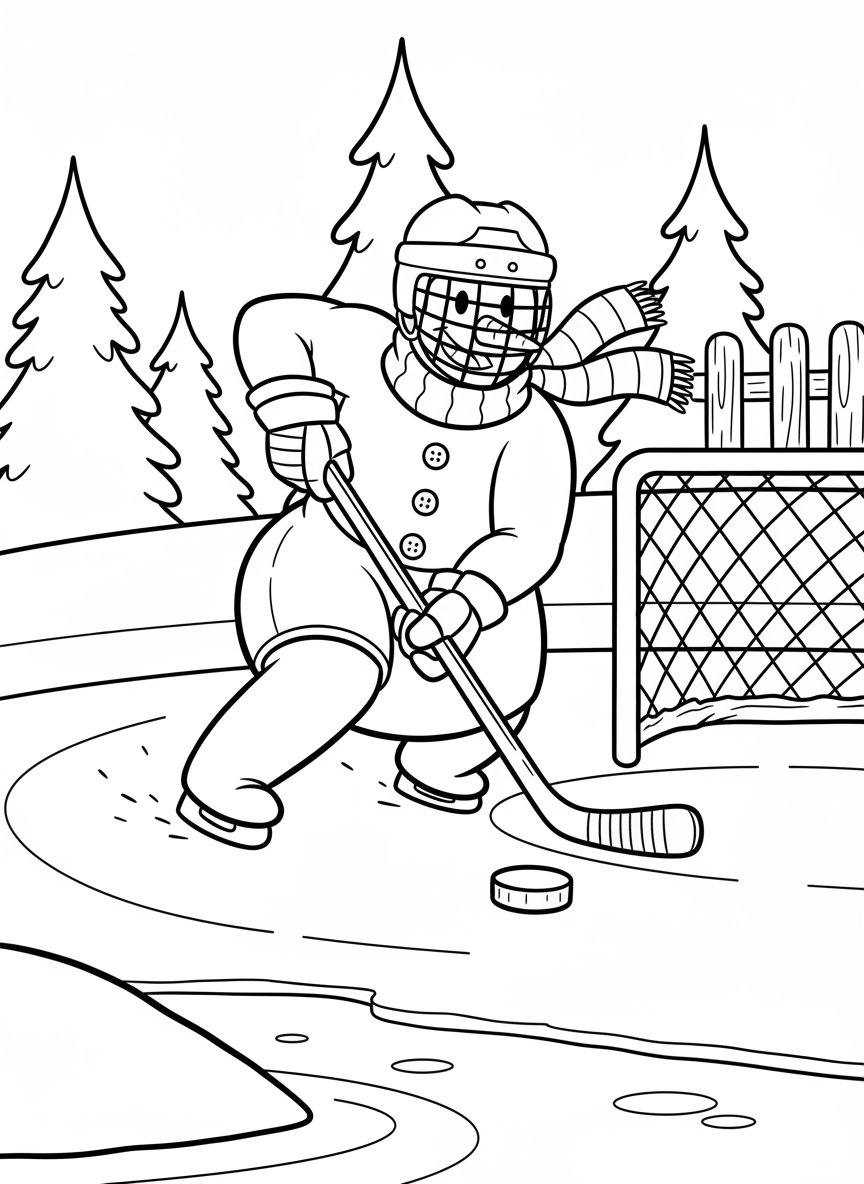 A snowman playing hockey with a stick and puck on an ice rink, wearing a hockey helmet and showing an action pose.