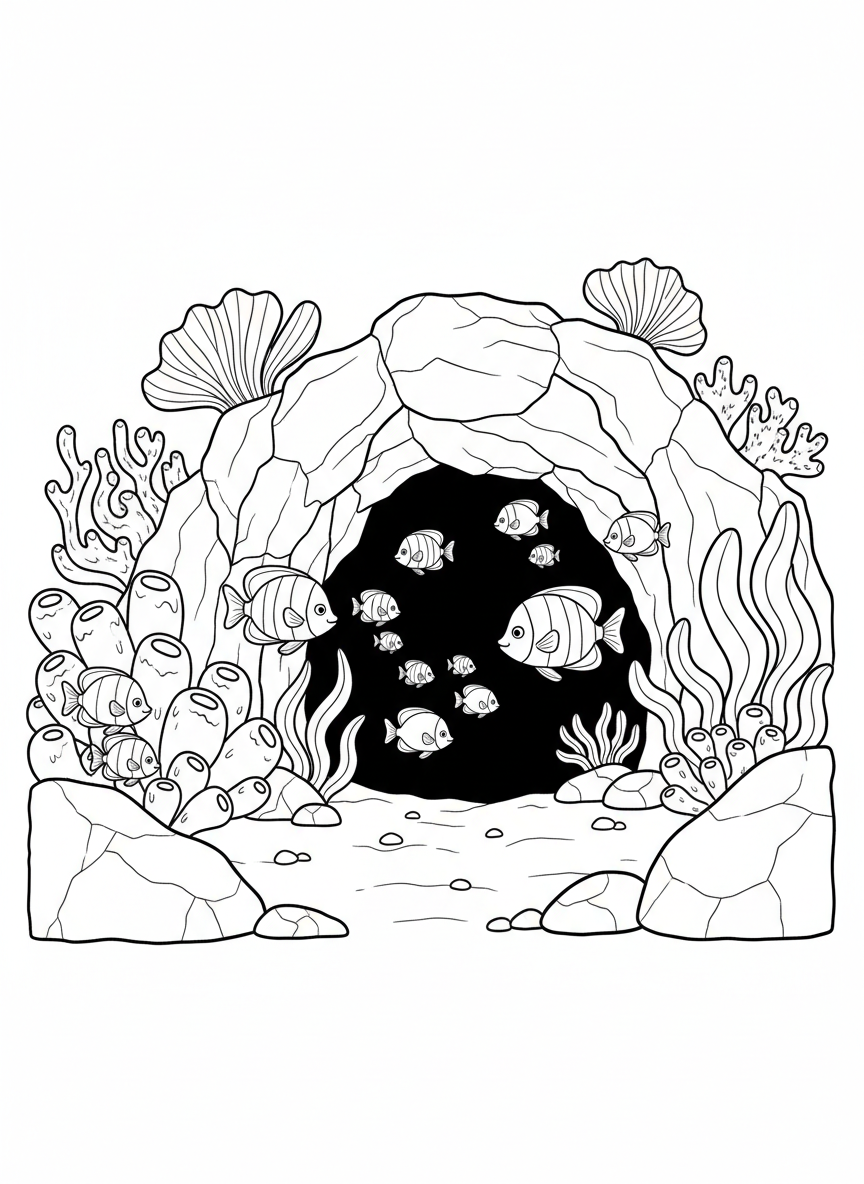 An underwater cave entrance with colorful fish swimming in and out, surrounded by rocks, coral, and sea plants.