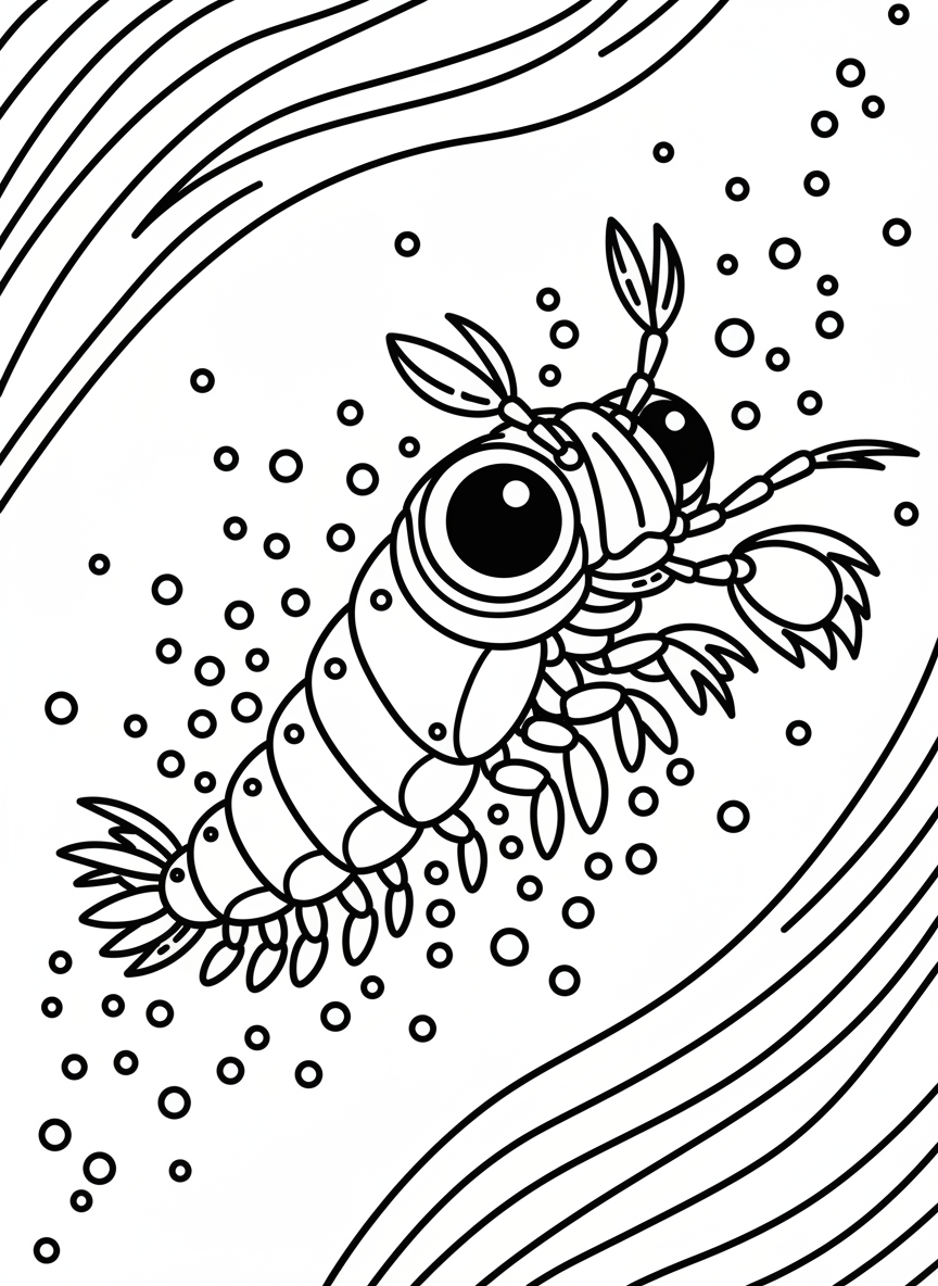 A cute mantis shrimp larva floating in open water with its big eyes visible, surrounded by plankton dots and simple current lines.