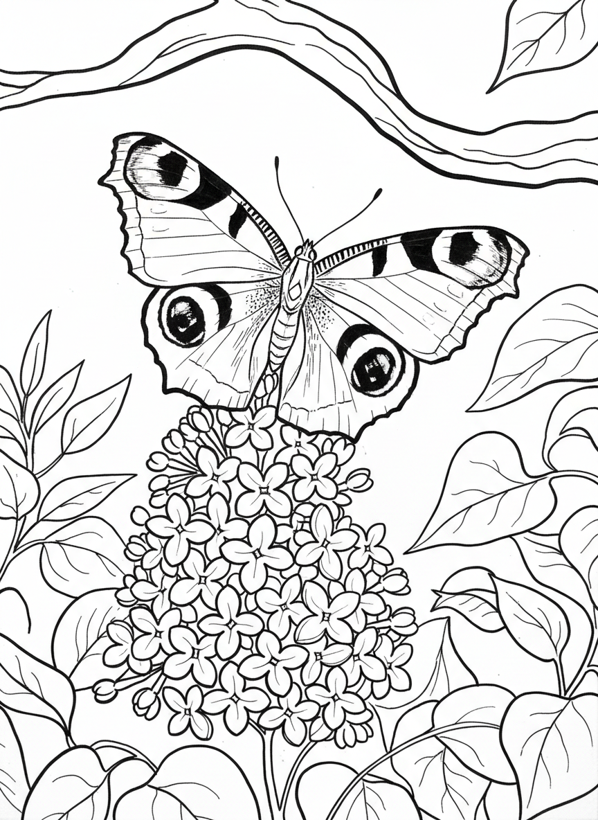 A detailed peacock butterfly resting on a cluster of lilac flowers, showing eye-spot patterns on wings and delicate flower clusters.