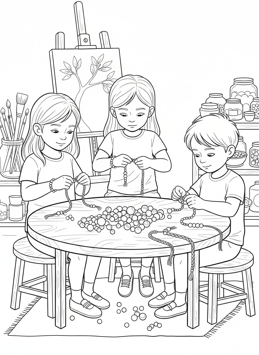 Children making friendship bracelets together with beads and string spread out on a table, craft activity scene.
