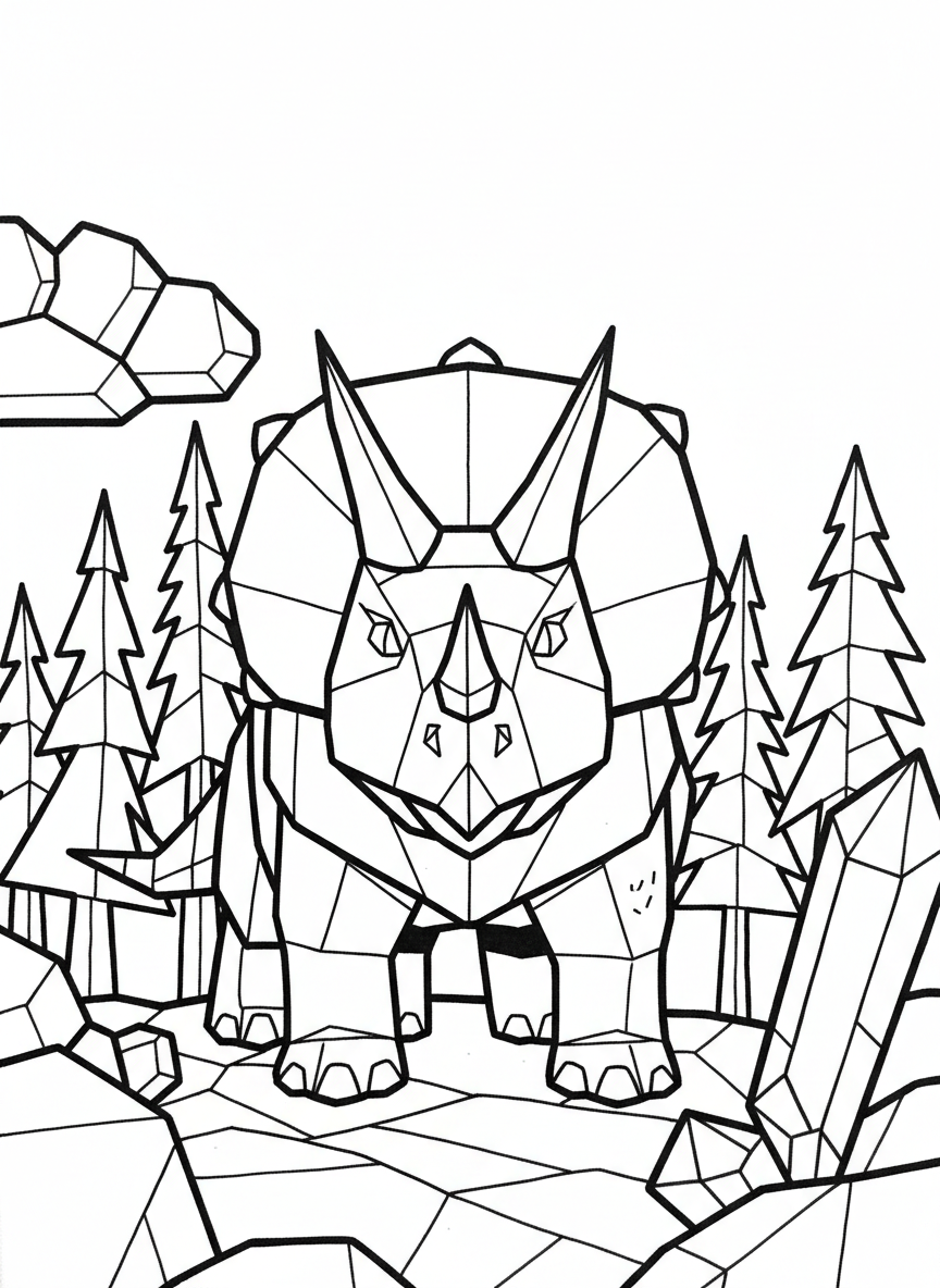 An origami-style Triceratops with triangular paper folds creating its three horns and frill, shown from a front angle with clear geometric shapes.