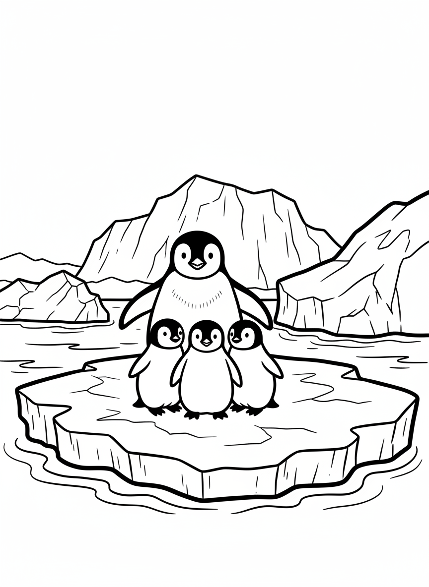 A family of penguins standing together on an ice floe, with a parent and three baby penguins huddled close