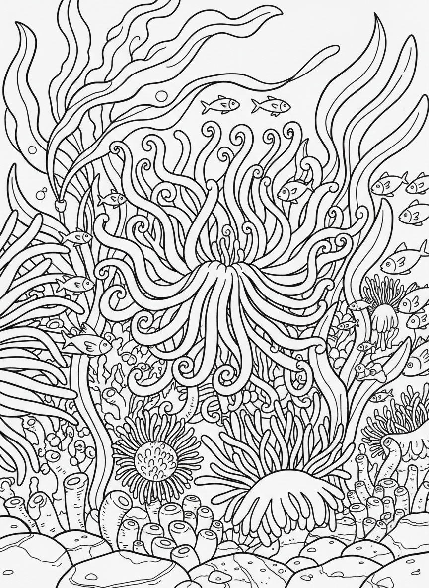 A sea anemone garden with various anemones of different sizes, surrounded by small fish and floating kelp strands.