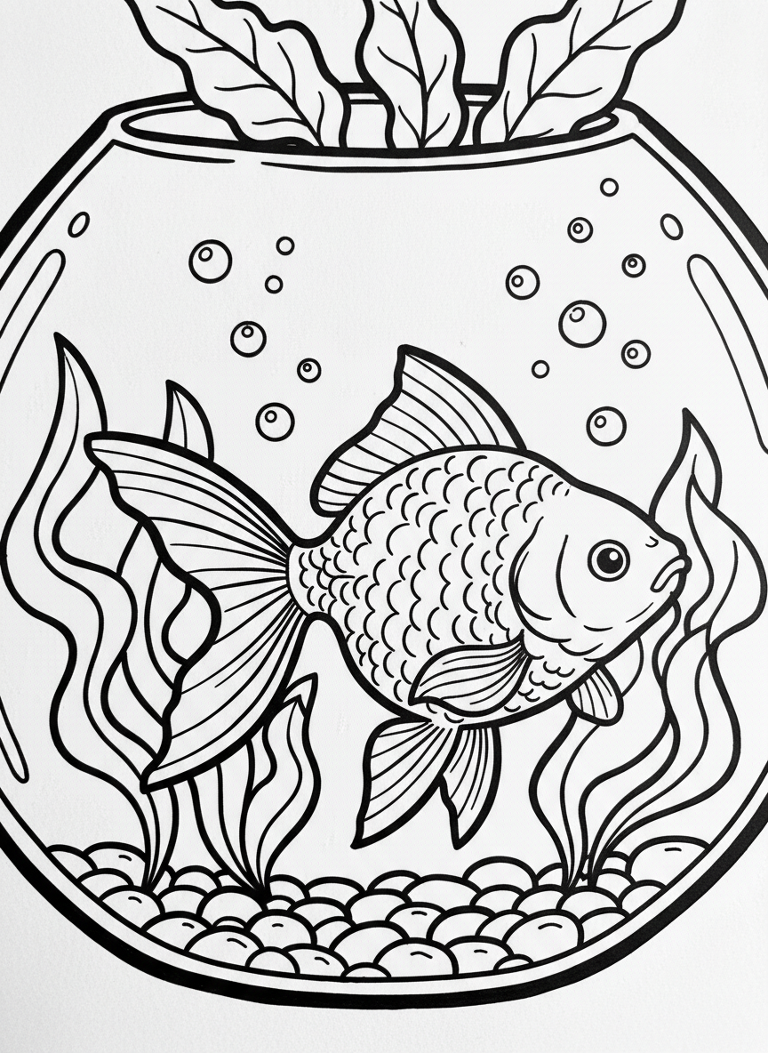 A goldfish swimming in a round fishbowl with aquatic plants and bubbles, clean circular composition.