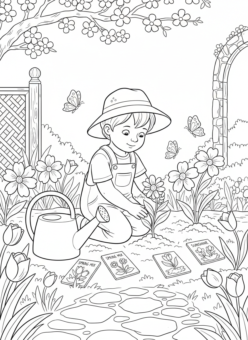 A young child kneeling in a garden planting spring flowers, with a watering can, seed packets, and butterflies visiting nearby blooms.