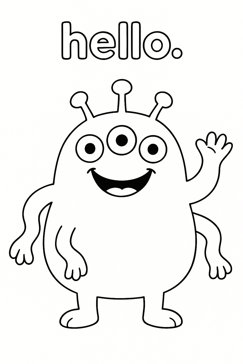 A chubby green alien with three eyes and a big smile, waving one of its four jiggly arms in a friendly "hello."