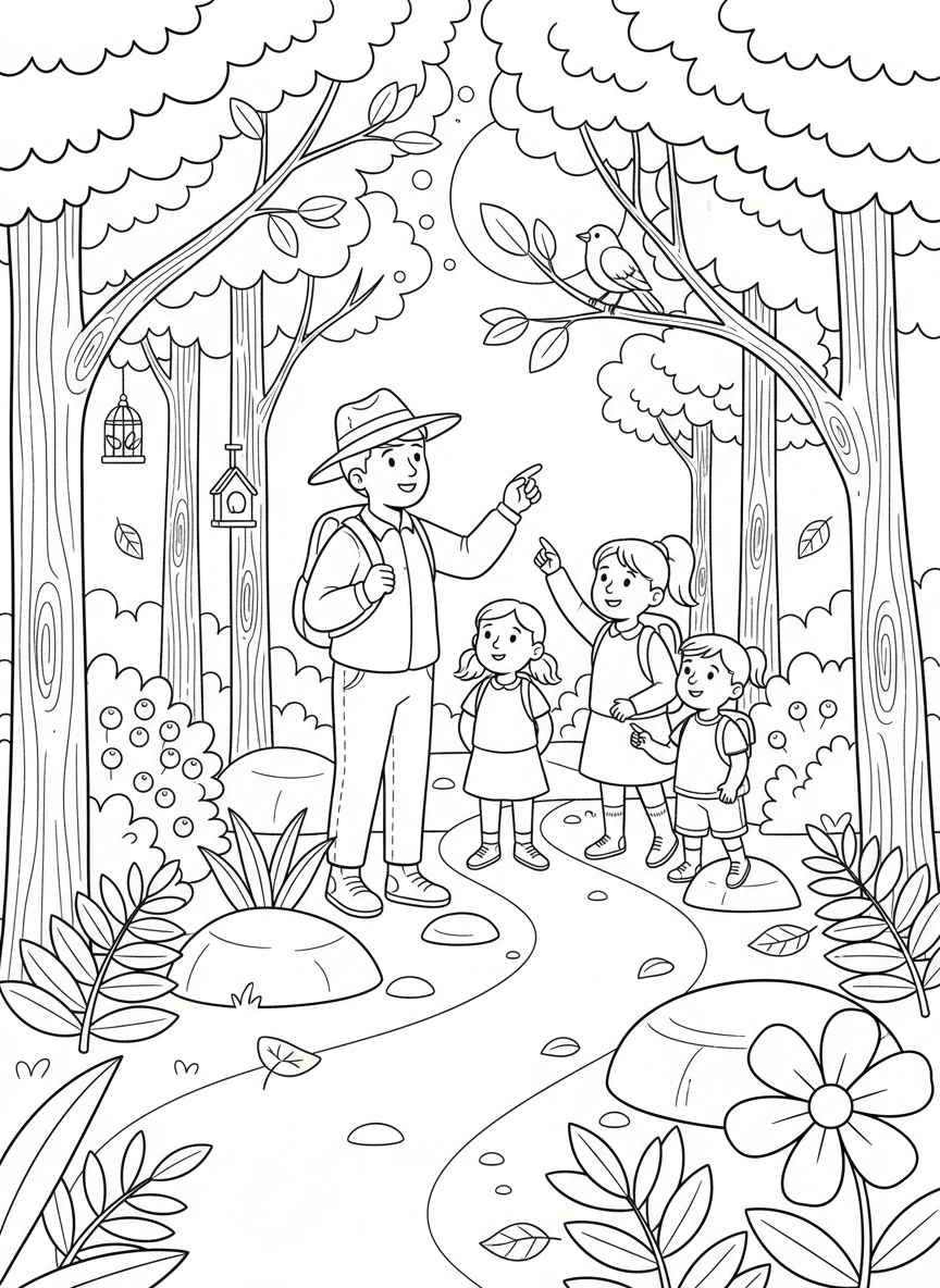 A counselor leading children on a nature hike through the forest, pointing at birds and plants along the trail.