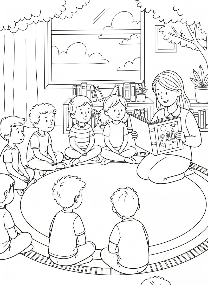 A group of diverse children sitting in a circle on a rug, listening to a teacher reading a large storybook aloud.