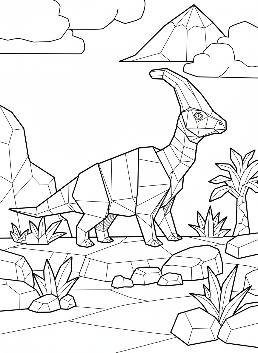 A detailed origami Parasaurolophus with an elongated geometric crest, showing intricate fold patterns suitable for older kids to color.