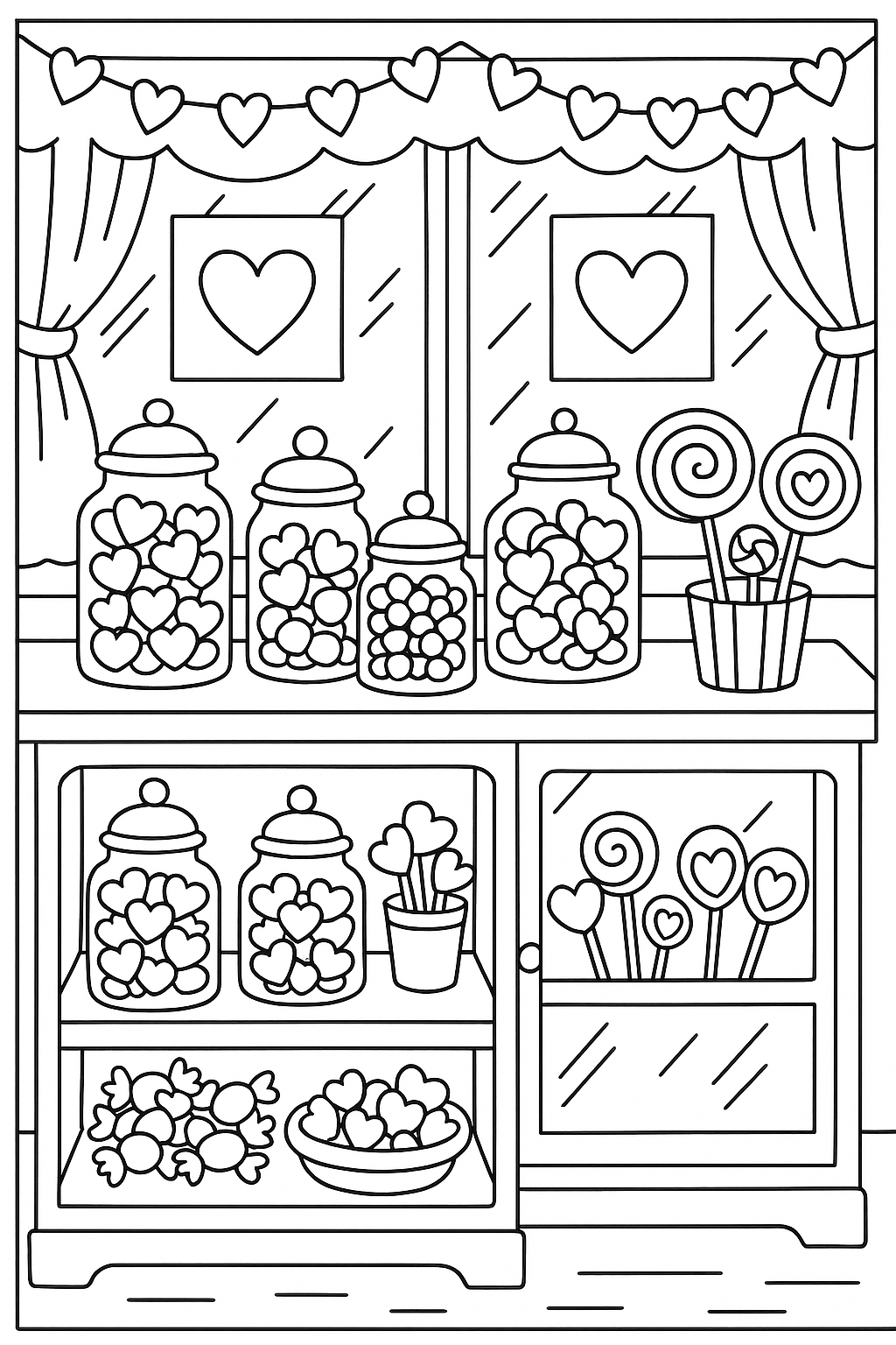 A charming candy shop filled with jars of heart-shaped chocolates, lollipops, and sweets, shop windows decorated with Valentine’s signs and garlands, cozy and magical feeling