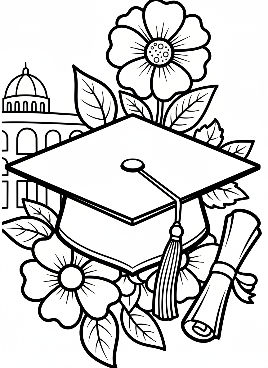 Close-up of a graduation cap with a tassel, decorated with flowers and a diploma scroll resting beside it.