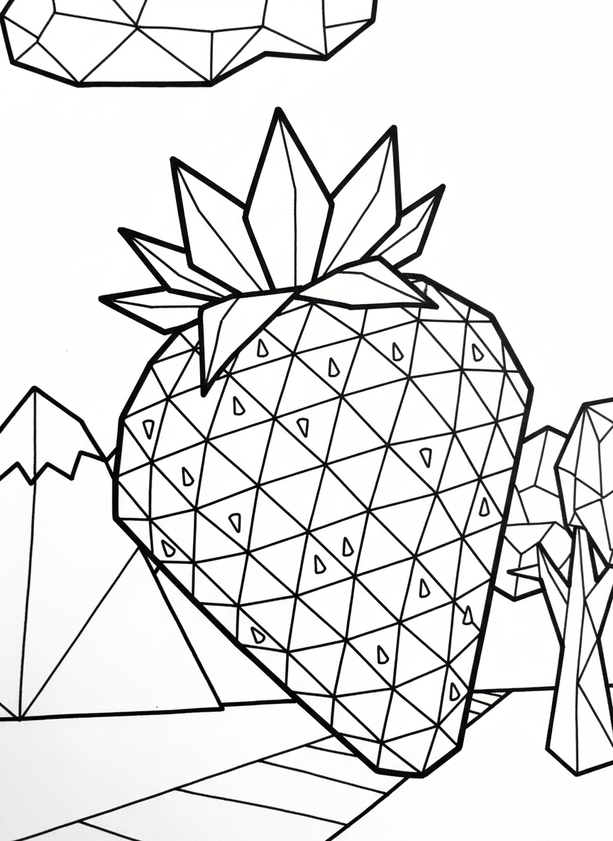 An origami strawberry with geometric diamond-pattern texture, angular leaves at top, and triangular seed dots across the surface.