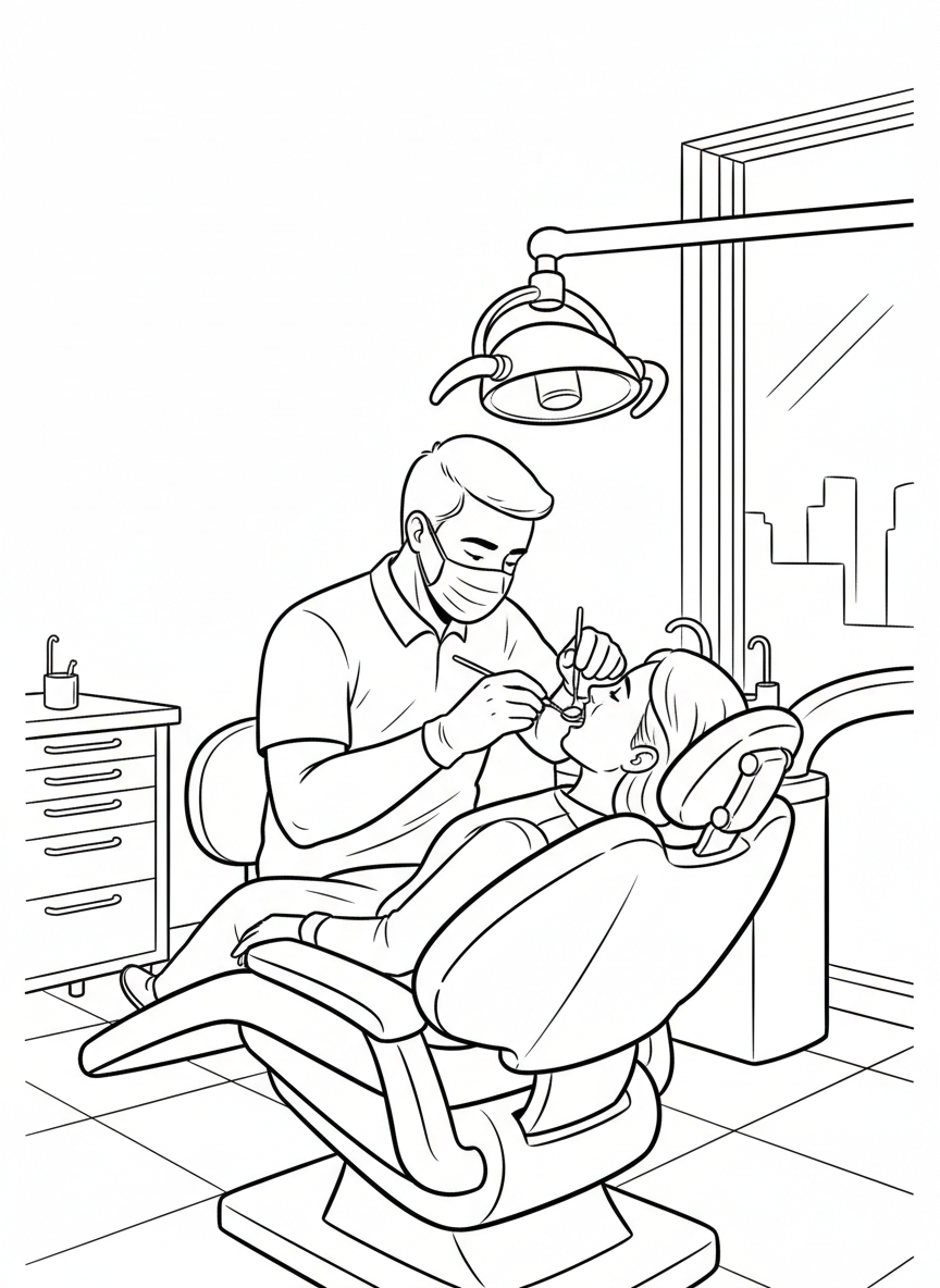 A dentist examining teeth with a mirror tool, wearing a mask and gloves in a dental office with a chair and lamp.