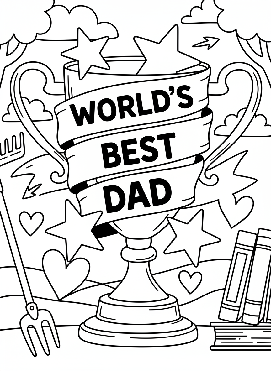 A large trophy cup with 'WORLD'S BEST DAD' written on a ribbon banner, surrounded by stars and hearts, simple clean lines