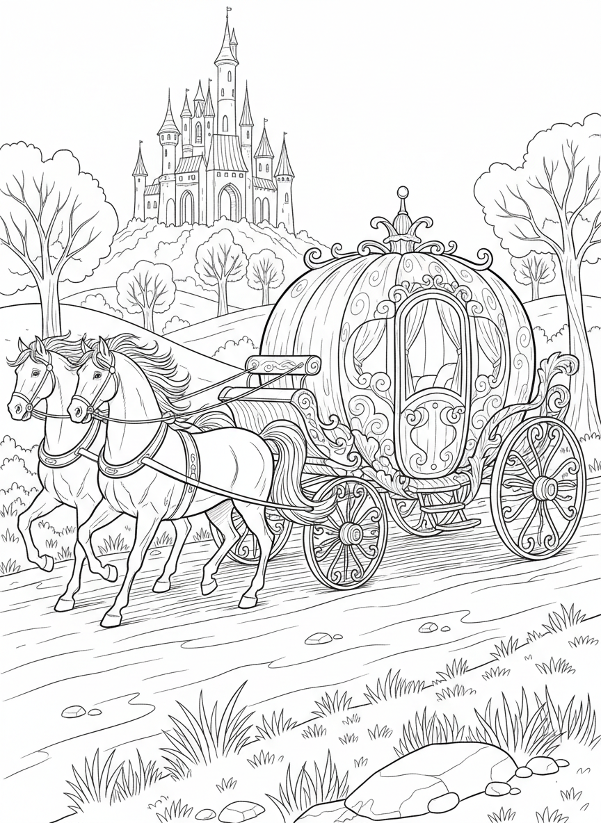 A carriage shaped like a pumpkin with ornate wheels being pulled by two horses along a path toward a distant castle.