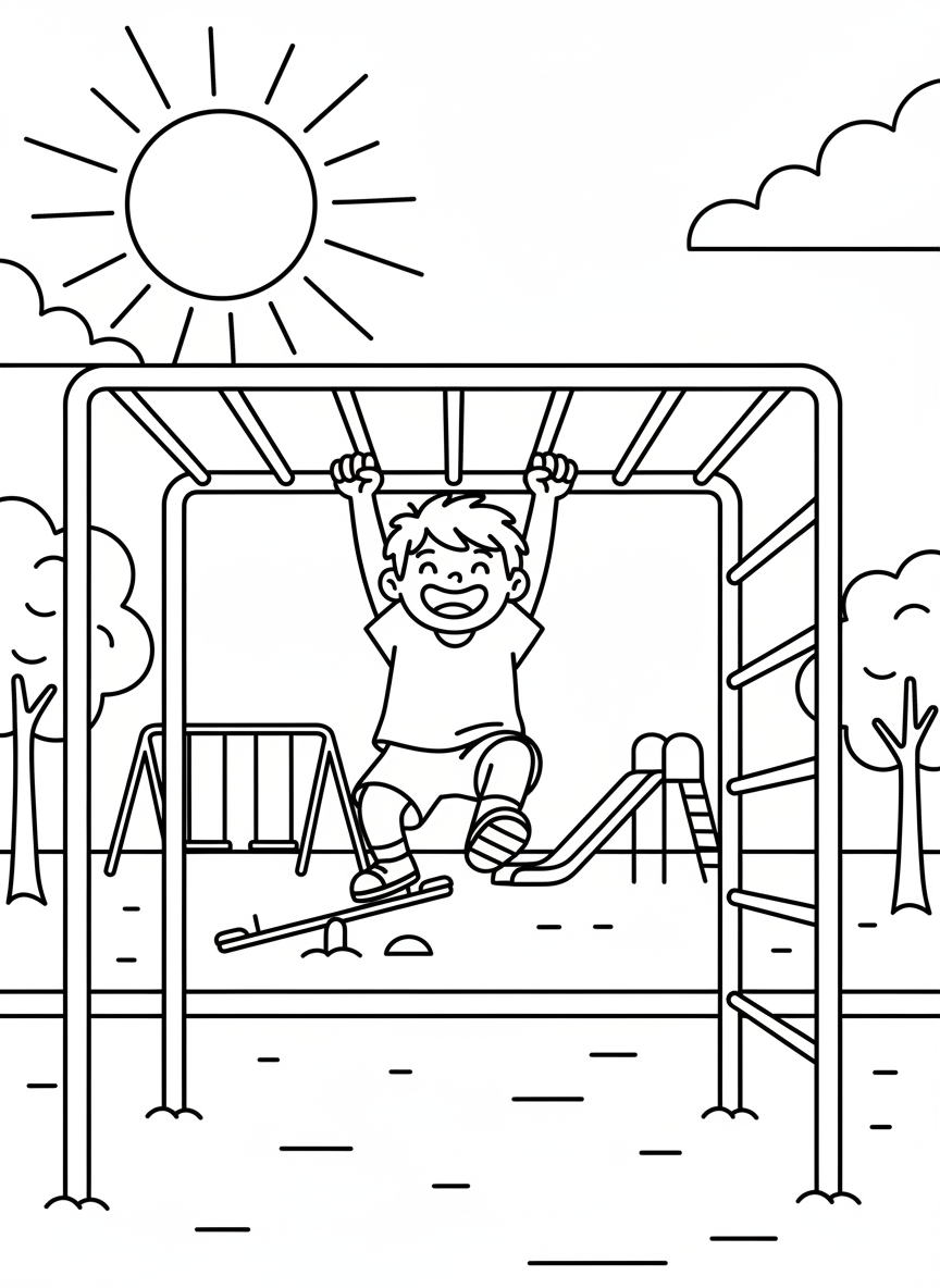 A monkey bar structure with a smiling child hanging from the bars, simple playground scene with sun above