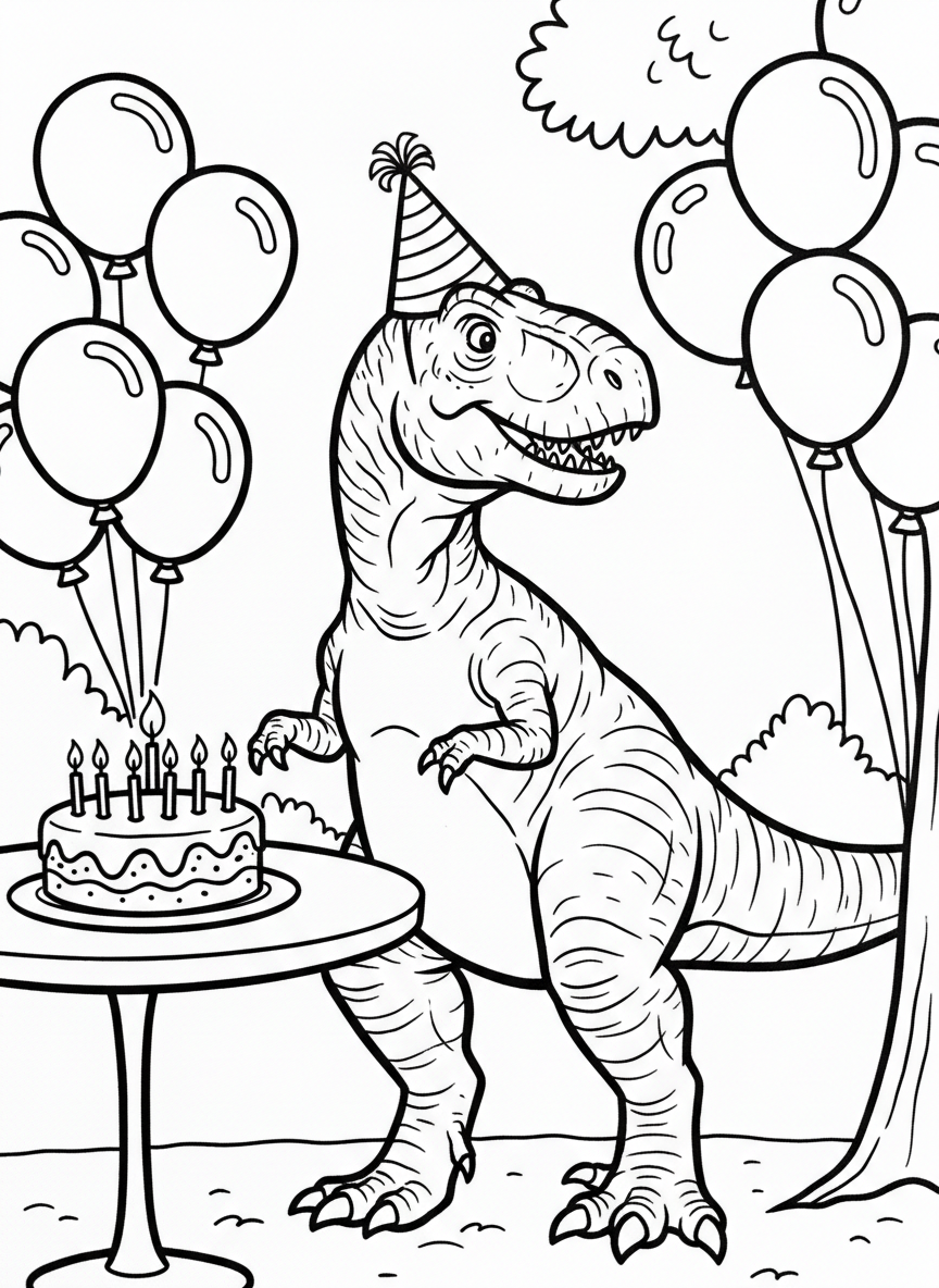 A Carnotaurus wearing a party hat, standing by a table with a birthday cake and balloons, celebration scene.
