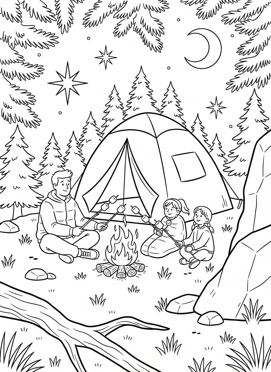 A dad and kids camping in a tent under stars, with a campfire and marshmallows on sticks in front.