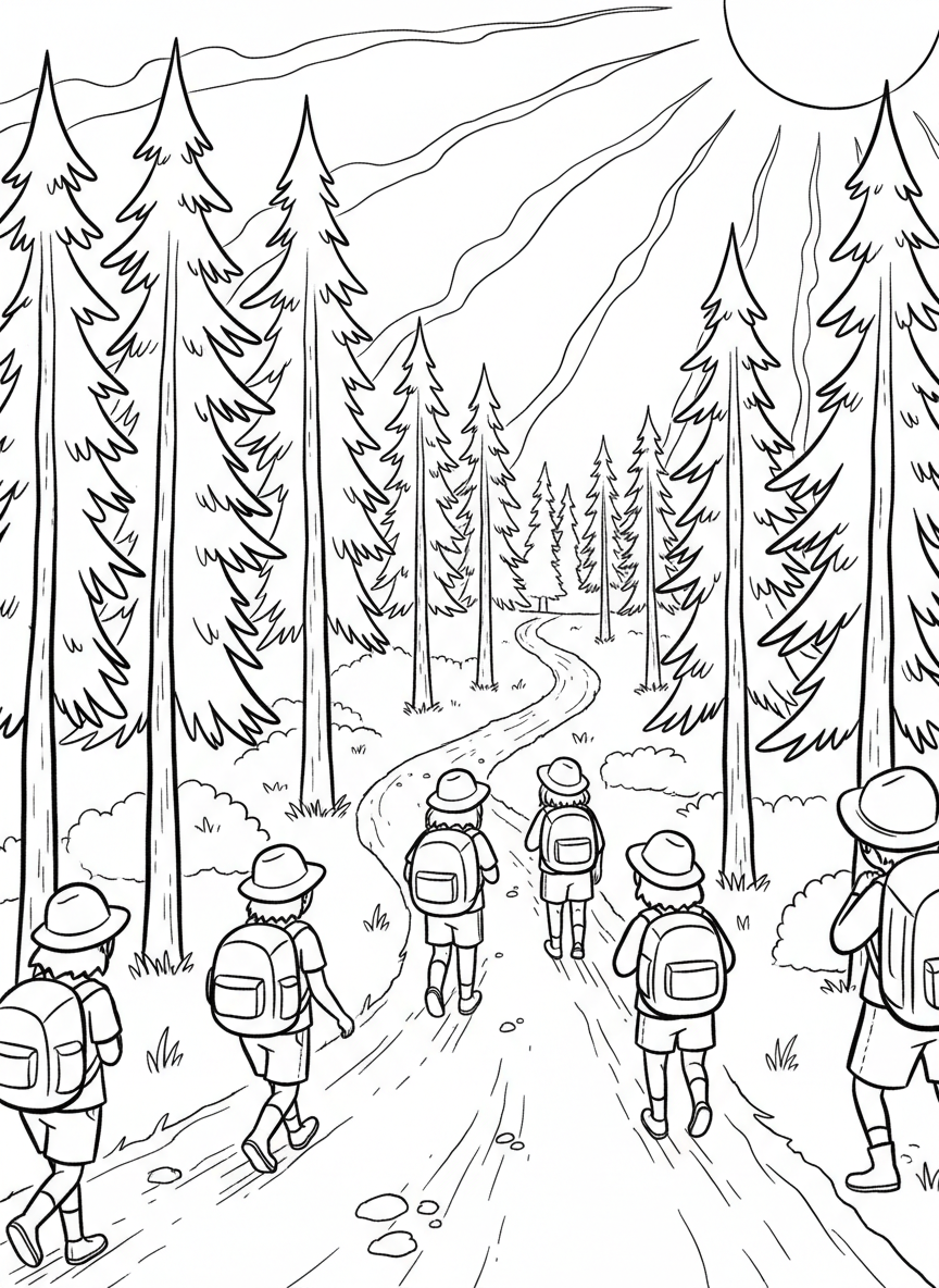 A group of children hiking through a forest trail with backpacks, tall pine trees surrounding the path, and sunlight shining through the branches overhead.