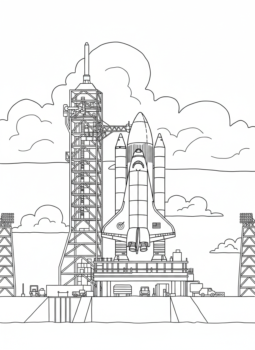 A space shuttle on a launch pad with support towers and puffy clouds, clear outlines for easy coloring