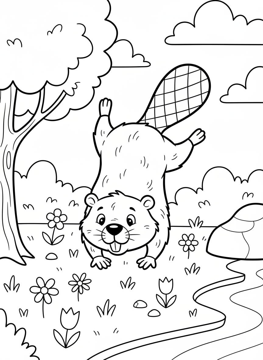 A playful beaver doing a handstand with its flat tail up in the air, simple grassy background with flowers
