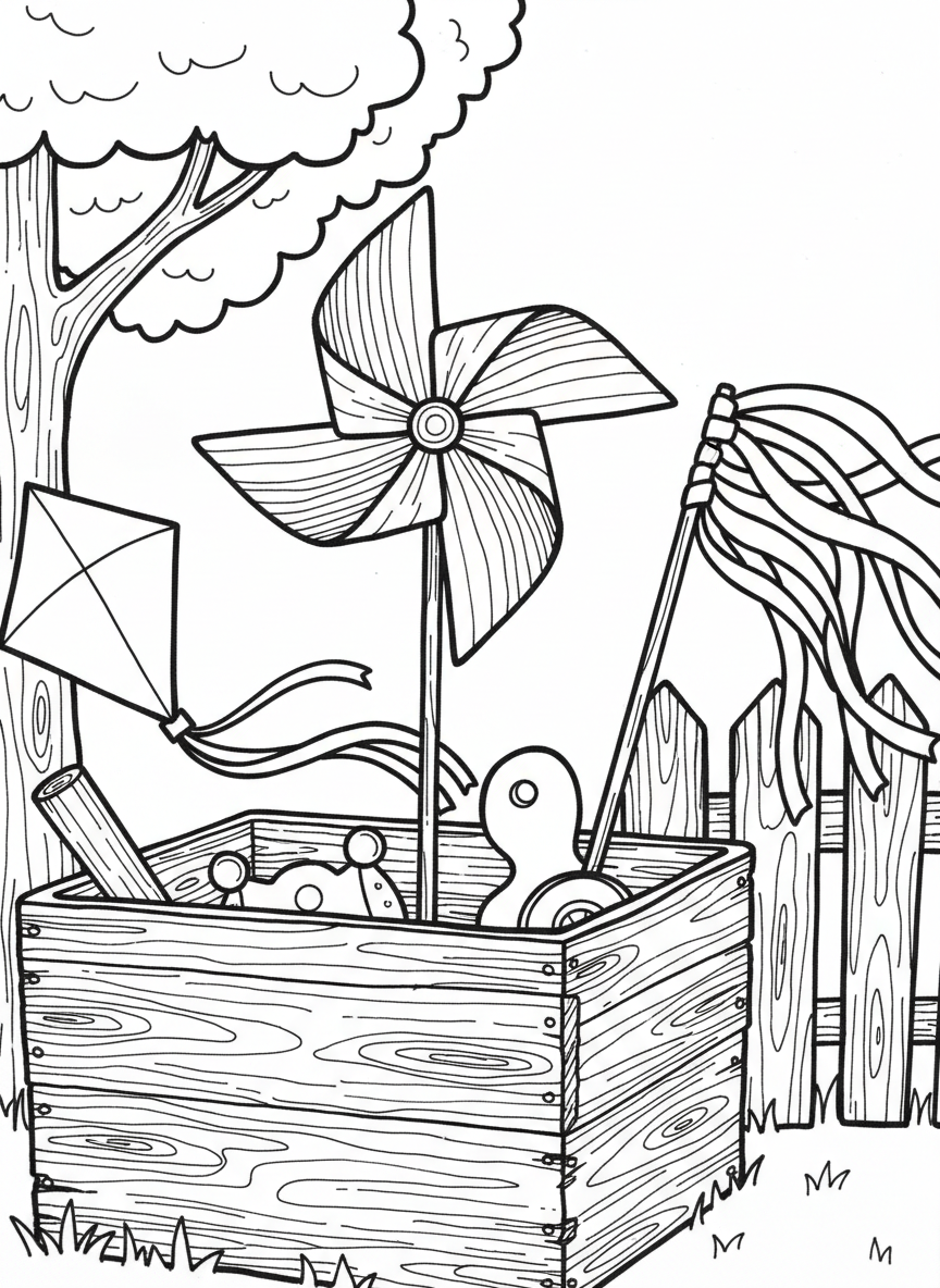 A collection of different wind toys including a pinwheel, small kite, and ribbon wand all together in a toy box, simple still-life composition.