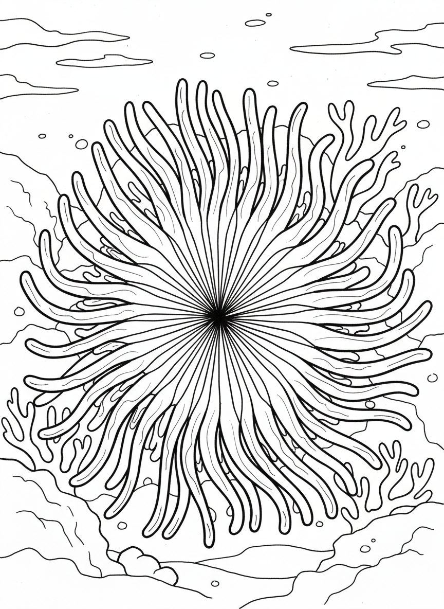 Close-up of a sea anemone's tentacles spreading outward in a circular pattern, creating a flower-like design, simple and symmetrical for easy coloring.