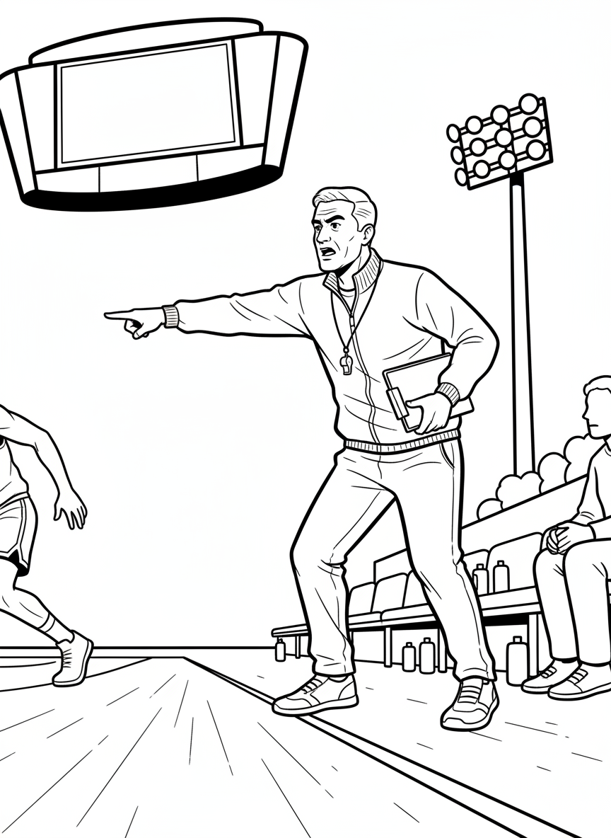 A basketball coach on the sideline pointing and giving instructions, clipboard in hand, whistle around neck, detailed scene.