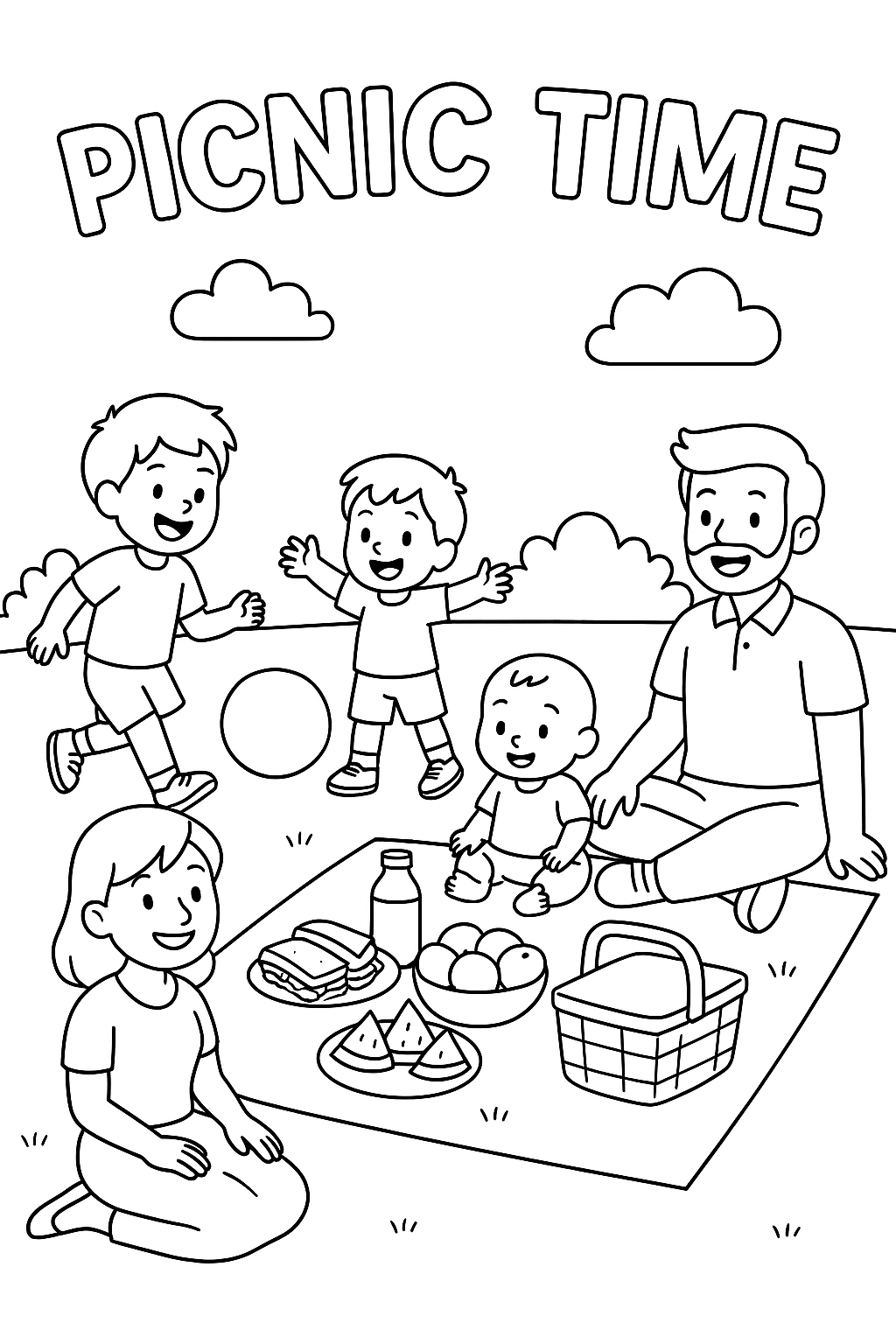 A cheerful family of five having a picnic: mom, dad, two young boys playing with a ball, and a baby boy sitting on a blanket with snacks.
