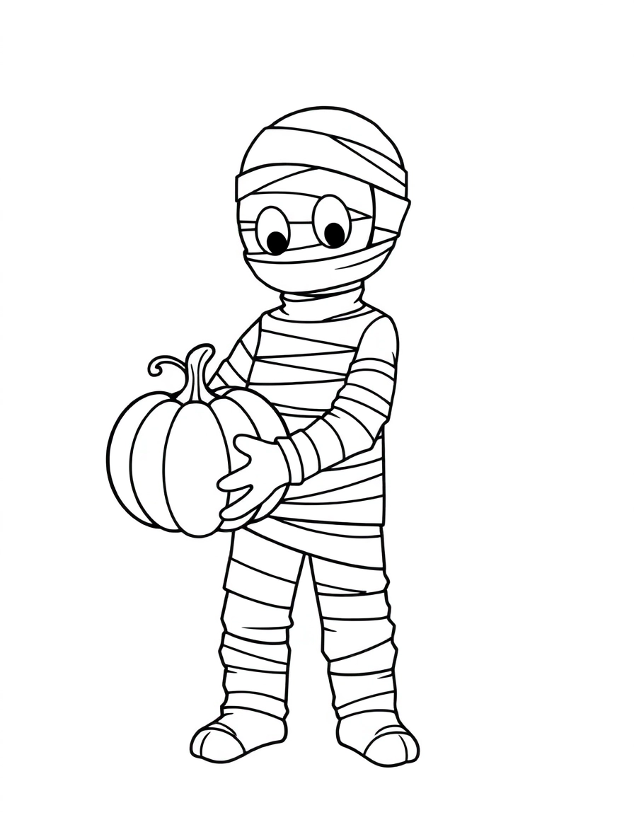 a mummy holding a pumpkin