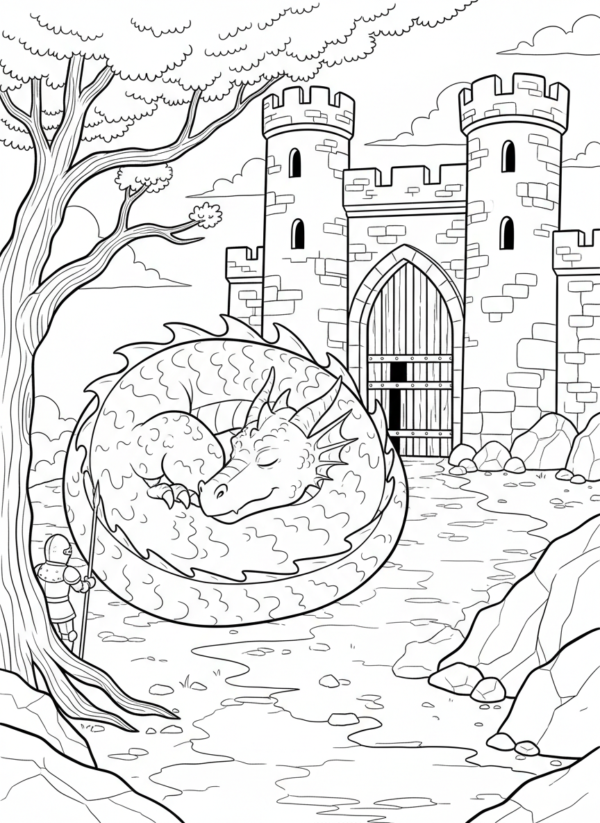 A dragon sleeping peacefully outside a castle gate, curled up with its tail wrapped around, while a small knight peeks from behind a tree.